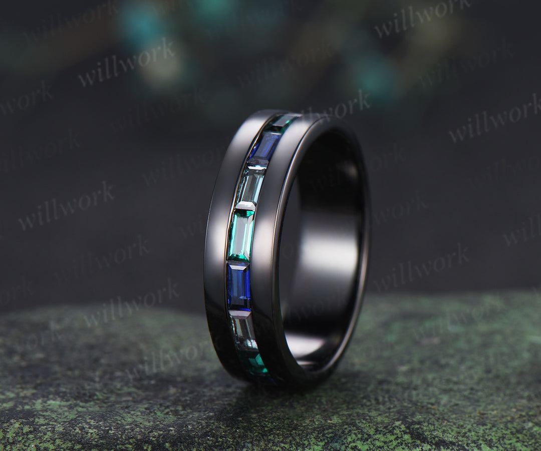 Unique baguette cut emerald sapphire alexandrite men ring black gold half eternity mens wedding band anniversary gifts