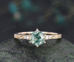 Hexagon cut moss agate engagement ring solid yellow gold moss agate five stone ring six prongs milgrain diamond wedding ring for women
