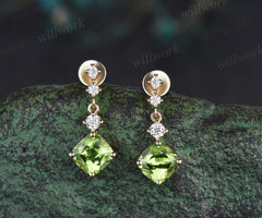 Unique cushion cut natural peridot earrings solid 14k yellow gold diamond drop earrings antique anniversary birthday wedding gift for her