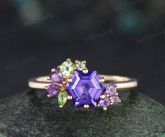 Hexagon cut purple sapphire engagement ring cluster peridot amethyst bridal ring jewelry gifts