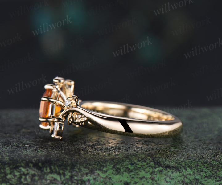 Hexagon cut citrine engagement ring nature inspired leaf marquise moissanite ring wider band unique bridal ring gifts