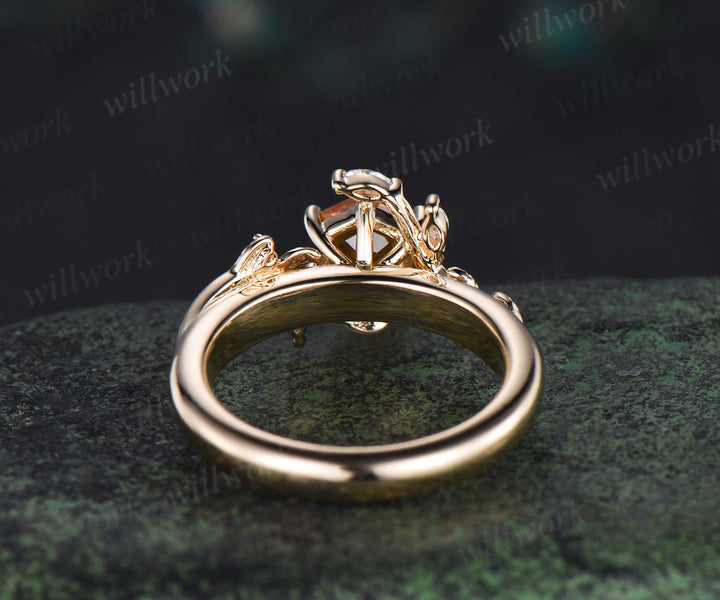 Hexagon cut citrine engagement ring nature inspired leaf marquise moissanite ring wider band unique bridal ring gifts