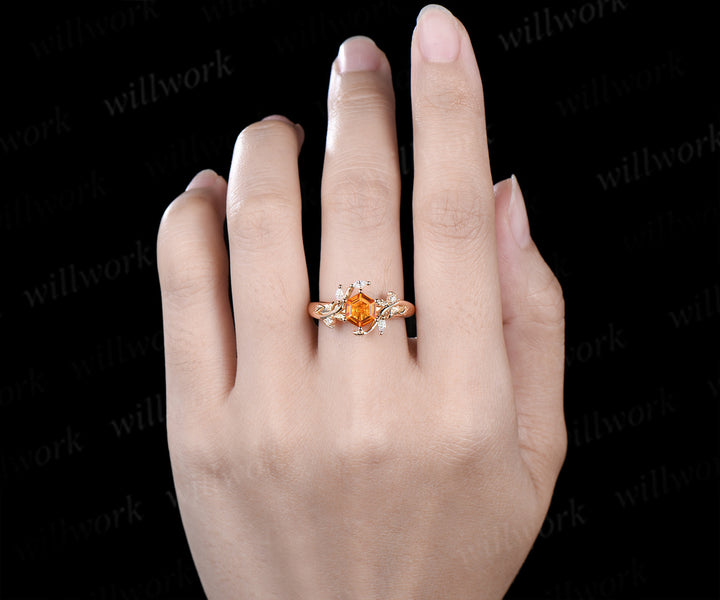 Hexagon cut citrine engagement ring nature inspired leaf marquise moissanite ring wider band unique bridal ring gifts