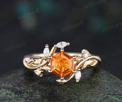 Hexagon cut citrine engagement ring nature inspired leaf marquise moissanite ring wider band unique bridal ring gifts