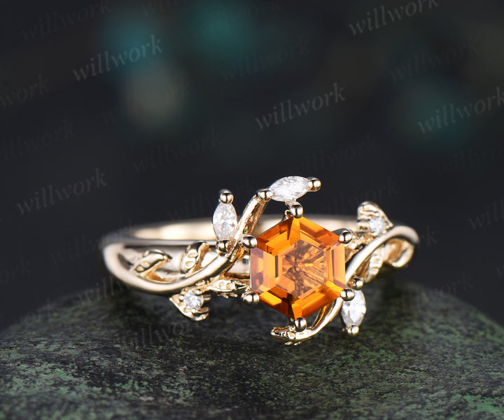Hexagon cut citrine engagement ring nature inspired leaf marquise moissanite ring wider band unique bridal ring gifts