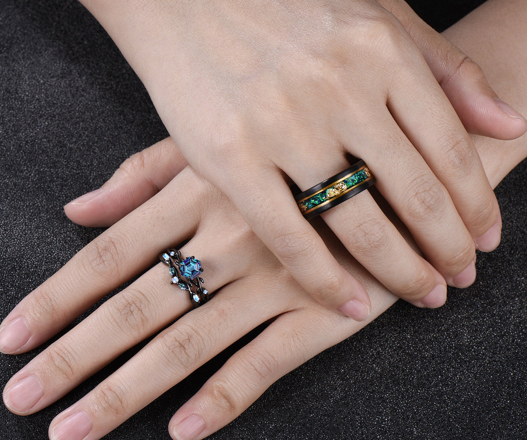 Vintage Hexagon Cut Alexandrite Twig Leaf Split Shank Ring Set& Tungsten Black Opals Gold Flakes Men Band Couple Ring Set