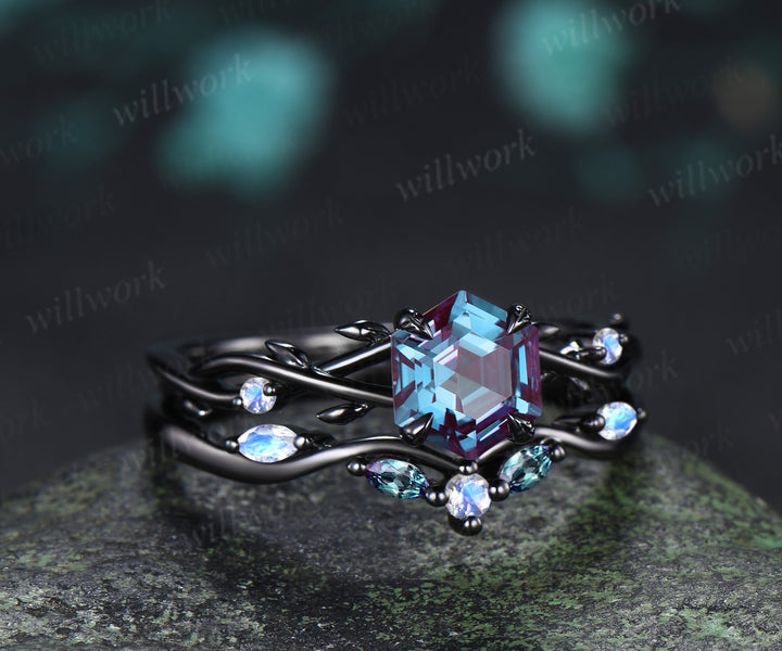 Vintage Hexagon Cut Alexandrite Twig Leaf Split Shank Ring Set& Tungsten Black Opals Gold Flakes Men Band Couple Ring Set