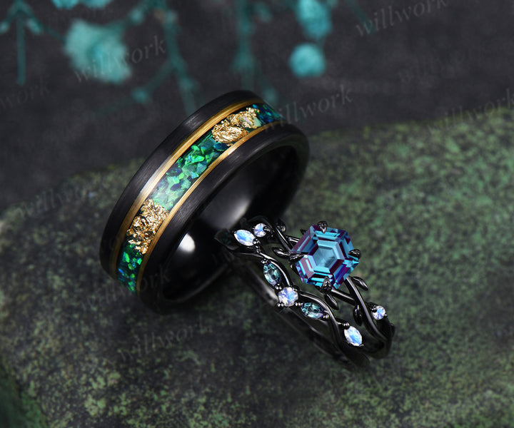 Vintage Hexagon Cut Alexandrite Twig Leaf Split Shank Ring Set& Tungsten Black Opals Gold Flakes Men Band Couple Ring Set
