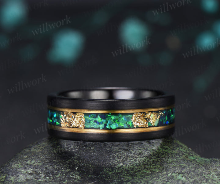 Vintage Hexagon Cut Alexandrite Twig Leaf Split Shank Ring Set& Tungsten Black Opals Gold Flakes Men Band Couple Ring Set