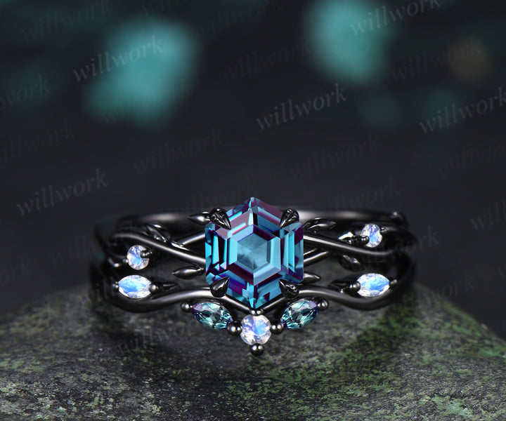 Vintage Hexagon Cut Alexandrite Twig Leaf Split Shank Ring Set& Tungsten Black Opals Gold Flakes Men Band Couple Ring Set