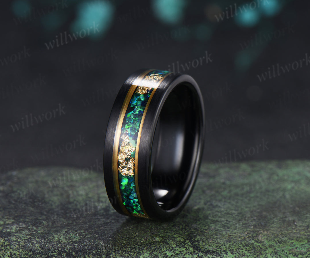 Vintage Hexagon Cut Alexandrite Twig Leaf Split Shank Ring Set& Tungsten Black Opals Gold Flakes Men Band Couple Ring Set