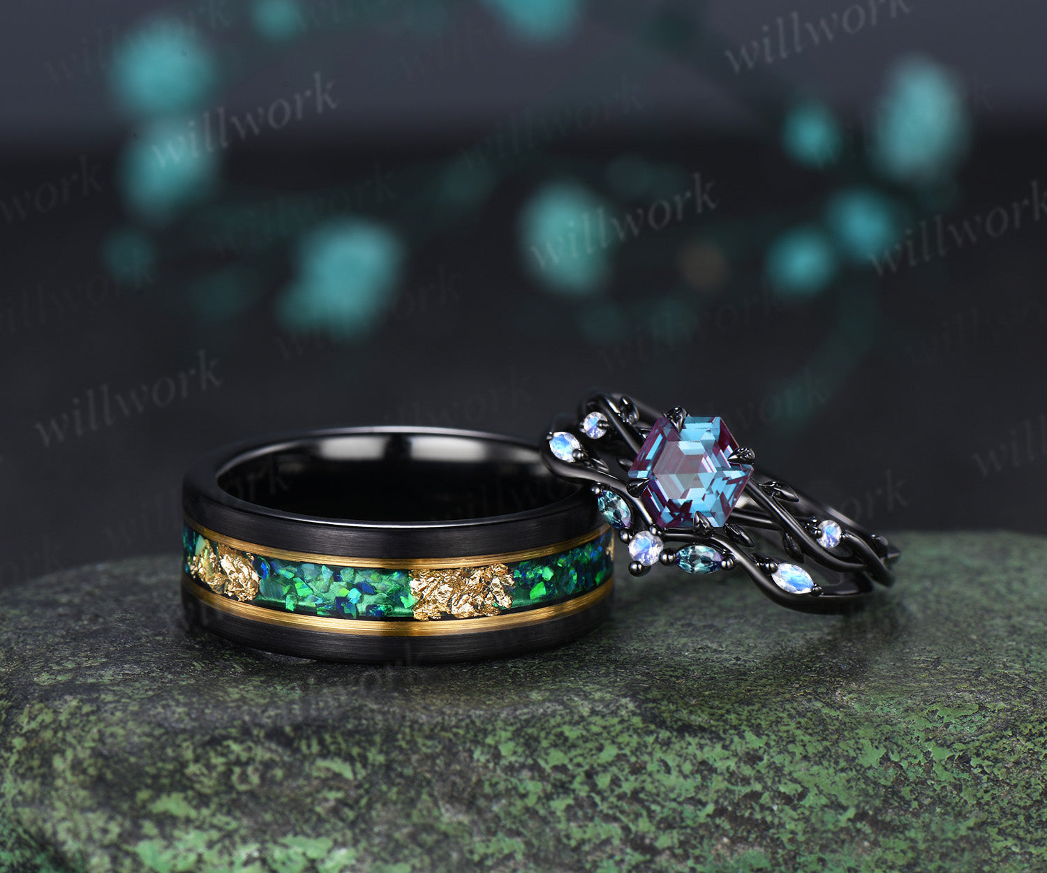 Vintage Hexagon Cut Alexandrite Twig Leaf Split Shank Ring Set&