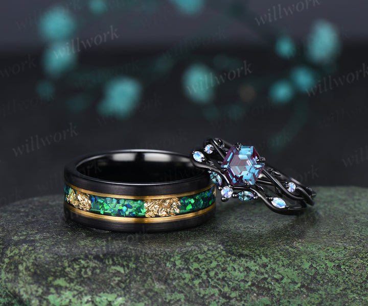 Vintage Hexagon Cut Alexandrite Twig Leaf Split Shank Ring Set& Tungsten Black Opals Gold Flakes Men Band Couple Ring Set