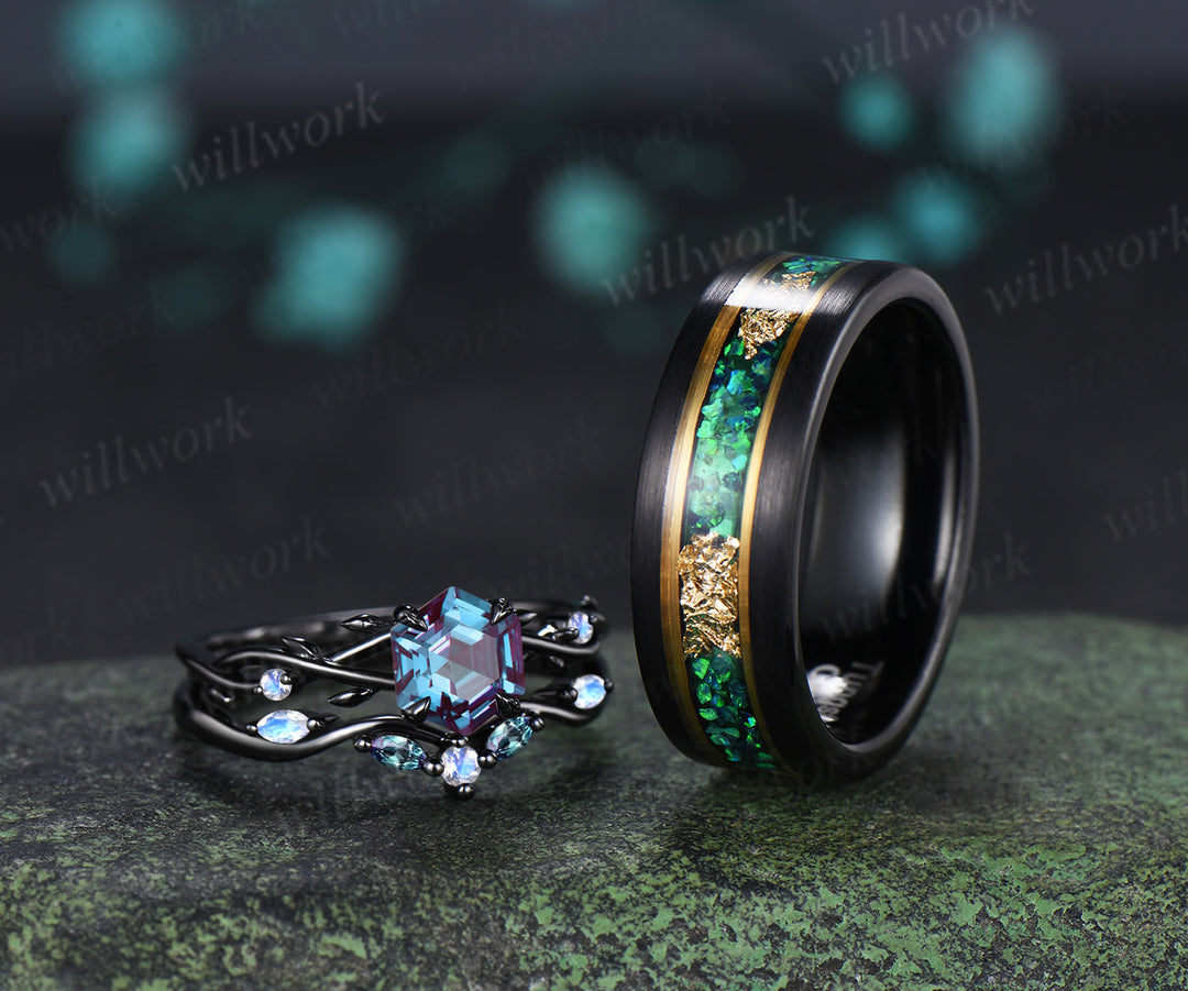 Vintage Hexagon Cut Alexandrite Twig Leaf Split Shank Ring Set& Tungsten Black Opals Gold Flakes Men Band Couple Ring Set