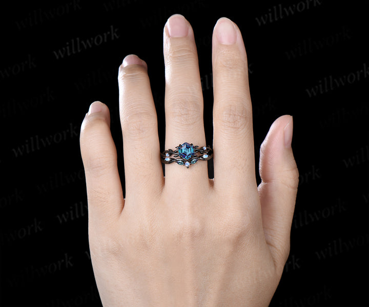 Vintage Hexagon Cut Alexandrite Twig Leaf Split Shank Ring Set& Tungsten Black Opals Gold Flakes Men Band Couple Ring Set