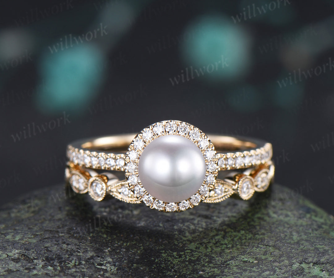 6mm Akoya Pearl Engagement Ring Set Diamond Halo Ring Milgrain Half Eternity Band Vintage Bridal Set