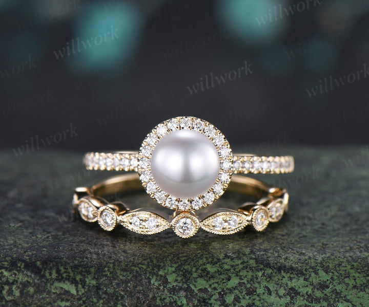 6mm Akoya Pearl Engagement Ring Set Diamond Halo Ring Milgrain Half Eternity Band Vintage Bridal Set