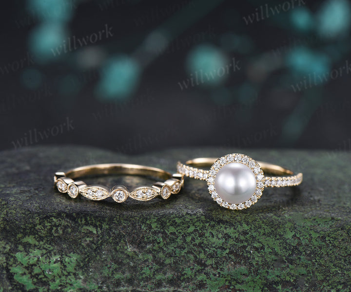 6mm Akoya Pearl Engagement Ring Set Diamond Halo Ring Milgrain Half Eternity Band Vintage Bridal Set
