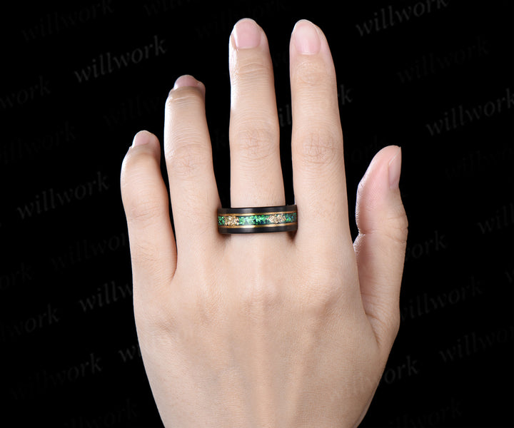 Vintage Hexagon Cut Alexandrite Twig Leaf Split Shank Ring Set& Tungsten Black Opals Gold Flakes Men Band Couple Ring Set