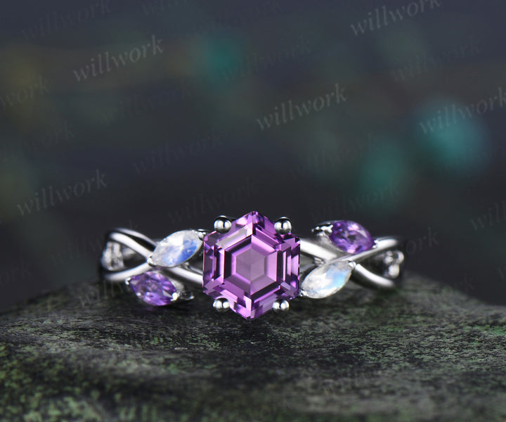 Hexagon cut natural amethyst engagement ring marquise moonstone amethyst five stone ring twisted infinity wedding ring