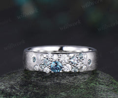 Alexandrite moissanite cluster men's wedding band unique brushed solid 14k white gold 6mm engagement ring for men anniversary gifts