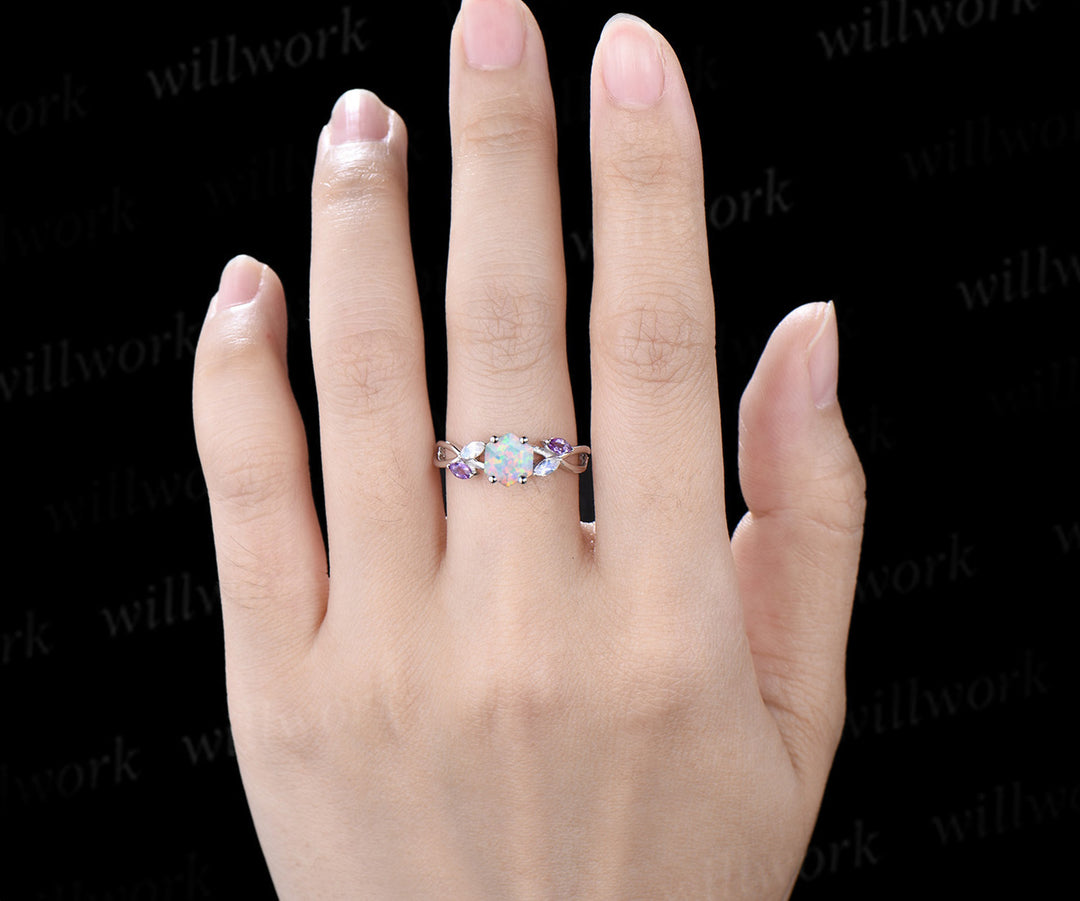 Hexagon cut white fire opal engagement ring marquise moonstone amethyst five stones twisted infinity promise ring