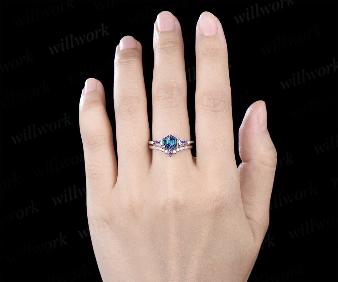 Unique hexagon cut alexandrite moon engagement ring set pear amethyst five stone ring moissanite wedding band bridal set