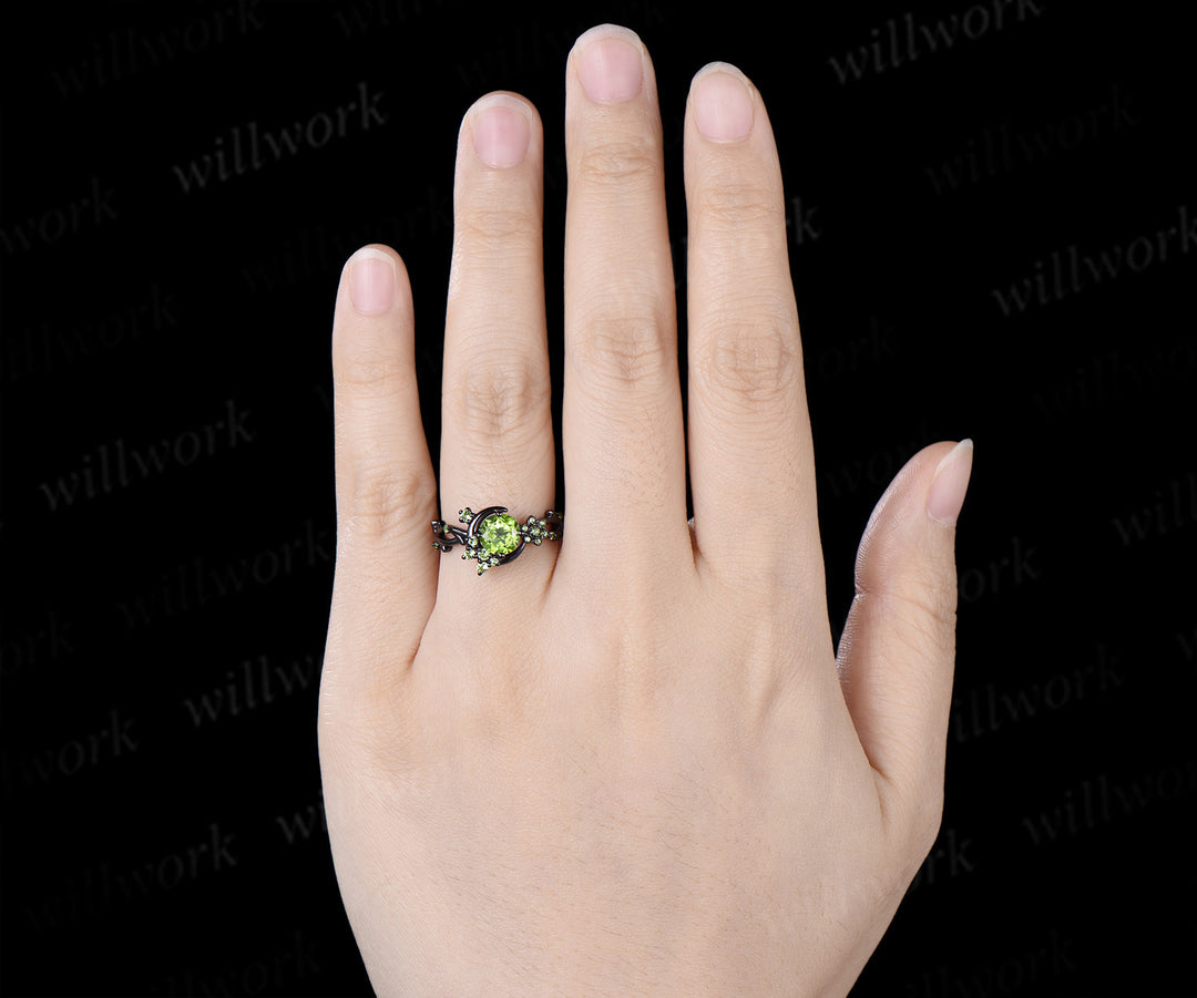 Round Cut Peridot Engagement Ring Moon Peridot Cluster Promise Ring Floral Twig Branch Ring August Birthstone Jewelry