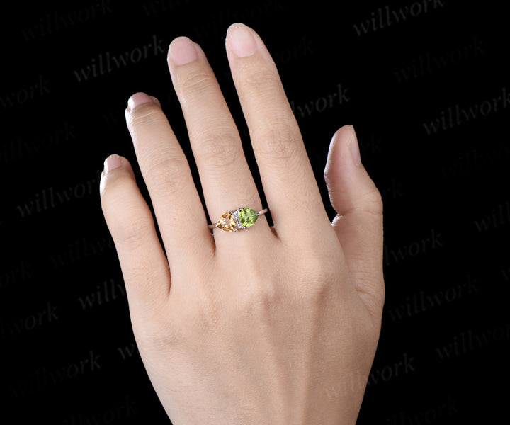 Trillion Cut Peridot Citrine Engagement Ring Personalized Toi Et Moi Two Birthstone Ring for Couple BFF