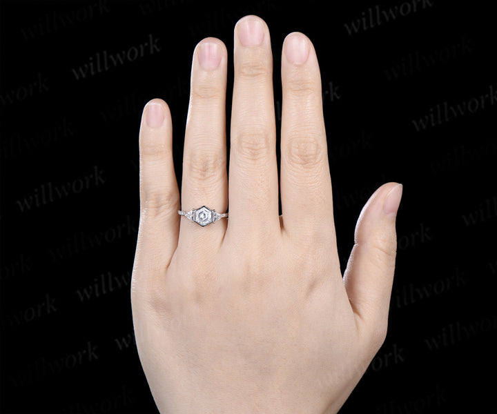 Vintage bezel hexagon cut moissanite engagement ring trillion moissanite half eternity band promise ring for her