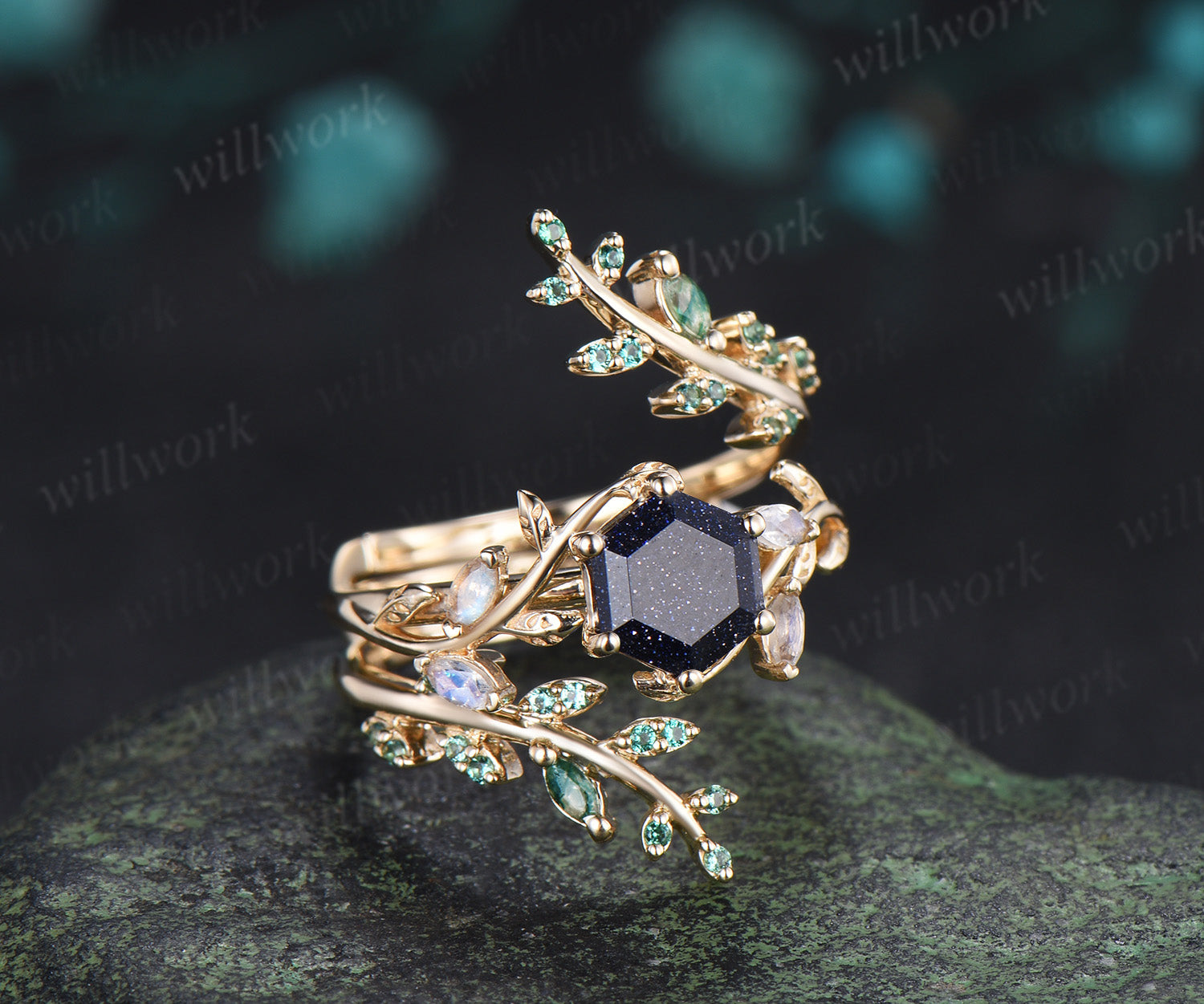 Hexagon cut blue sandstone engagement ring set moonstone leaf ring