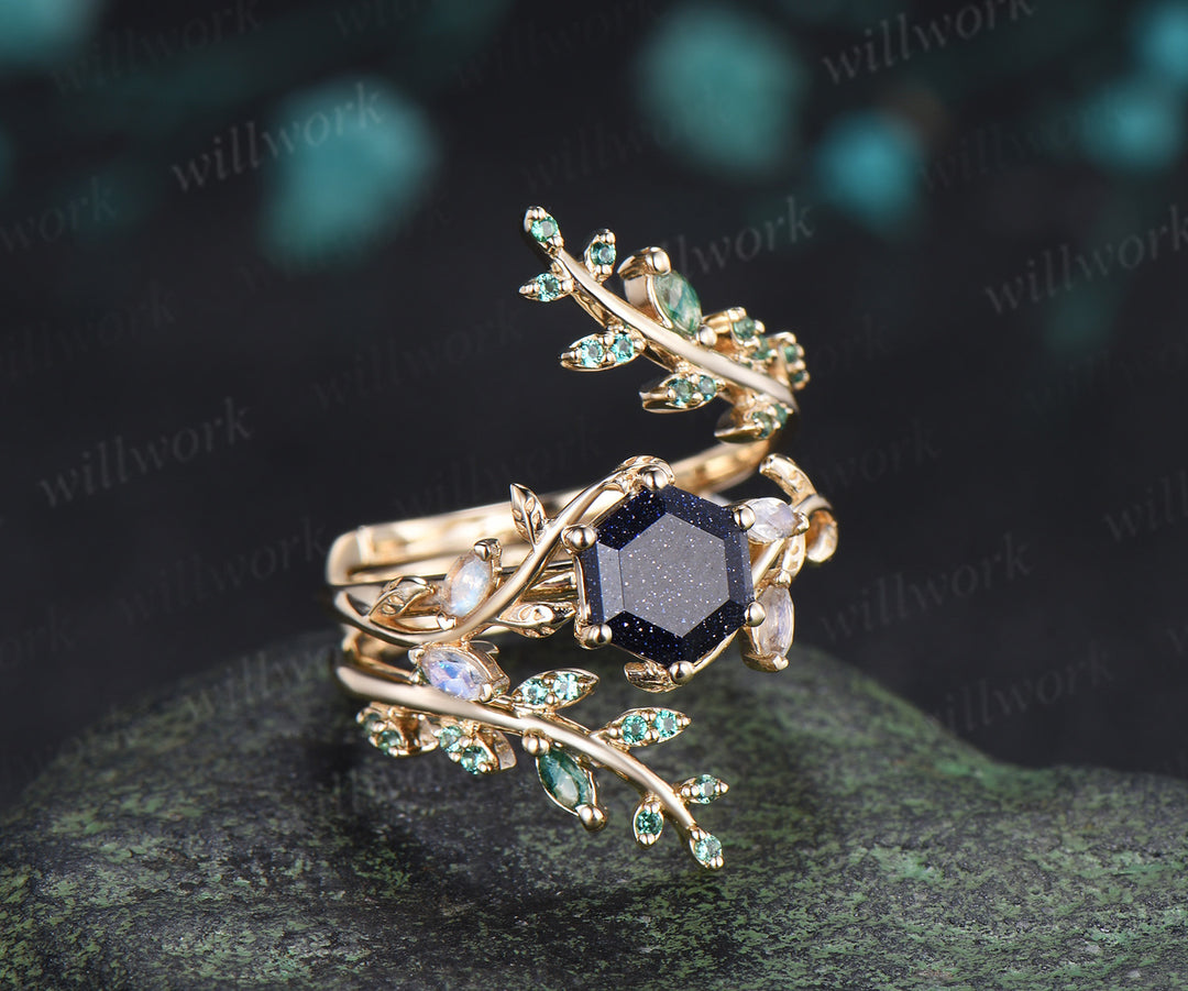 Hexagon cut blue sandstone engagement ring set moonstone leaf ring emerald moss agate twig leaf wedding band enhancer unique bridal set