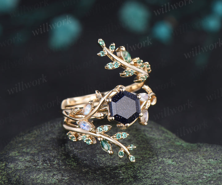 Hexagon cut blue sandstone engagement ring set moonstone leaf ring emerald moss agate twig leaf wedding band enhancer unique bridal set