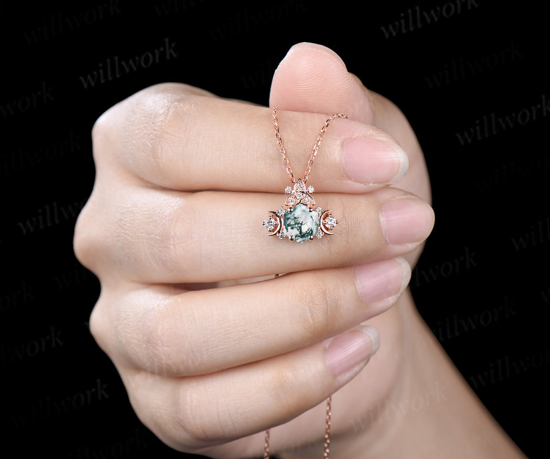 Unique hexagon cut moss agate pendant necklace art deco moon trinity knot moissanite charm pendant gifts for her