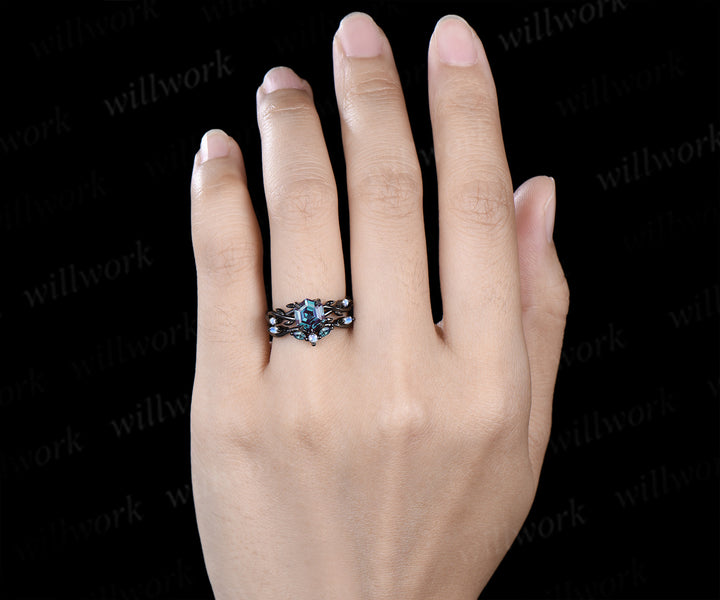 Hexagon alexandrite engagement ring set black gold twig leaf split shank moonstone ring marquise alexandrite wedding band unique bridal set