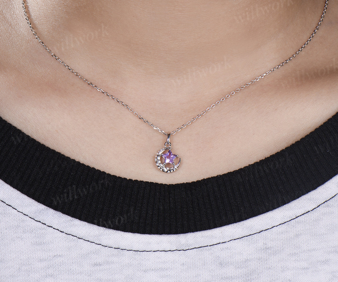 Unique star shape amethyst pendant necklace solitaire celestial moon star necklace gifts for her