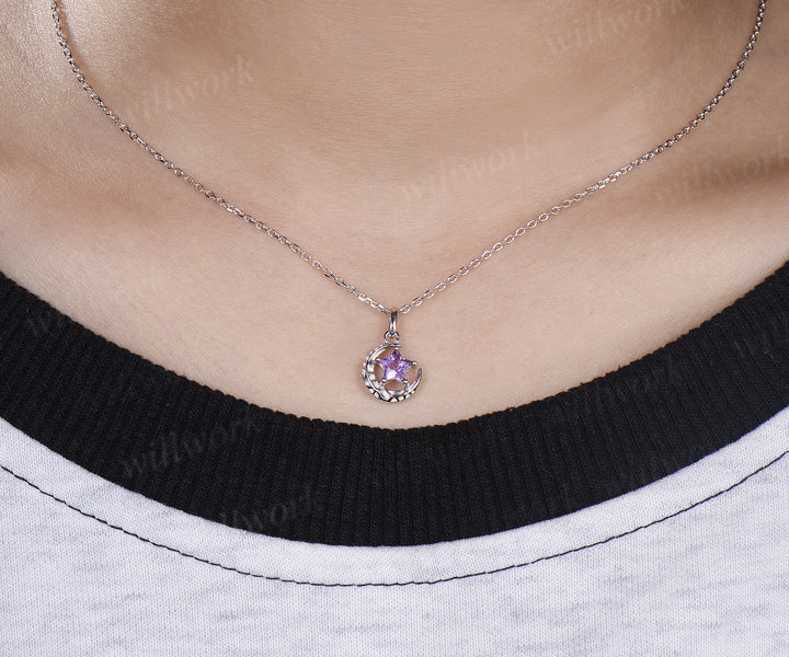 Unique star shape amethyst pendant necklace solitaire celestial moon star necklace gifts for her