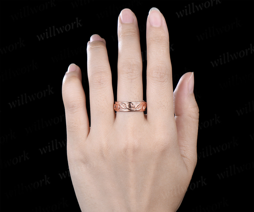 Leaf Twig Engraved Men Wedding Band 6mm Nature Inspired Promise Statement Ring