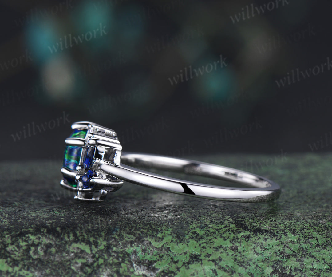 Unique hexagon cut black opal ring marquise blue sapphire cluster ring solid 14k white gold promise ring for women