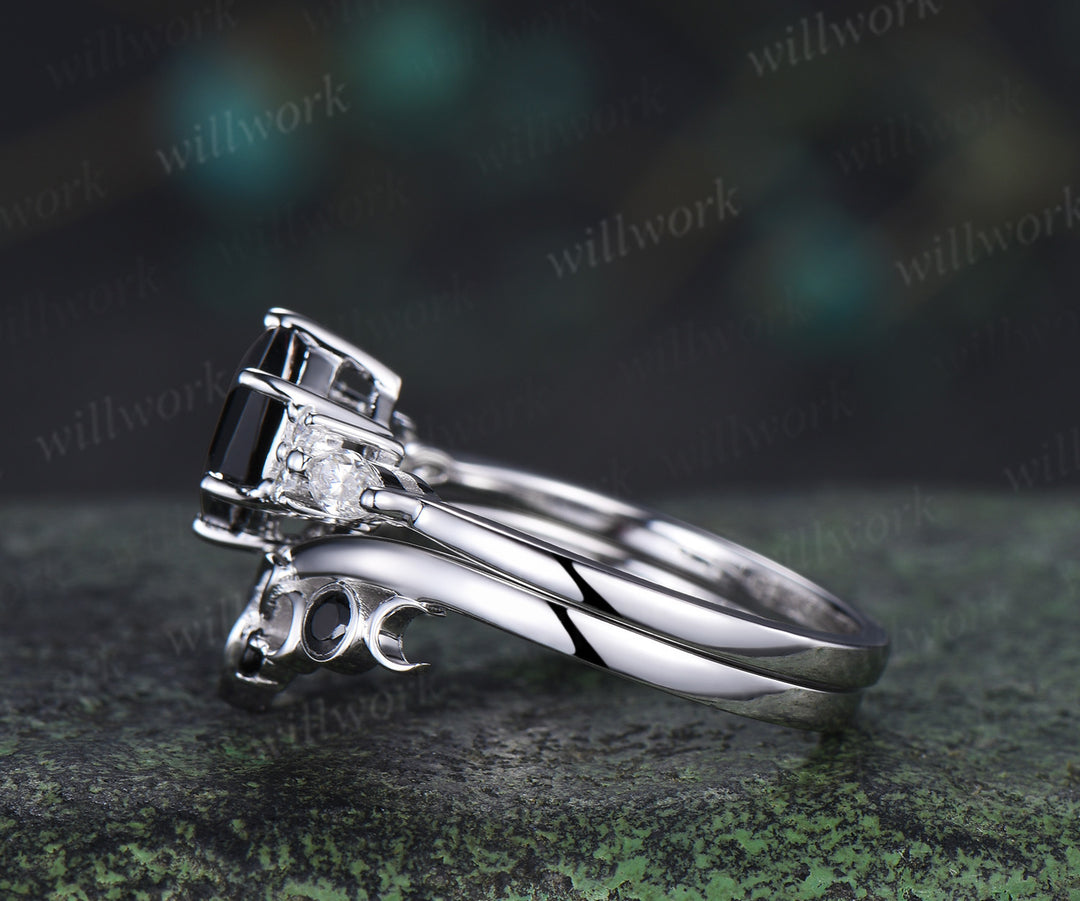 Vintage hexagon cut black onyx engagement ring set moissanite accents ring black spinels celtic knot band bridal set