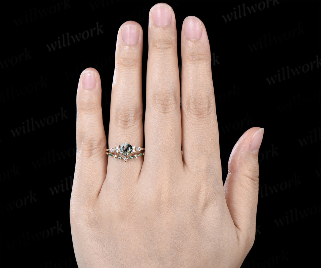 Hexagon cut moss agate ring set minimalist seven stones engagement ring marquise moss agate moissanite wedding band unique bridal set