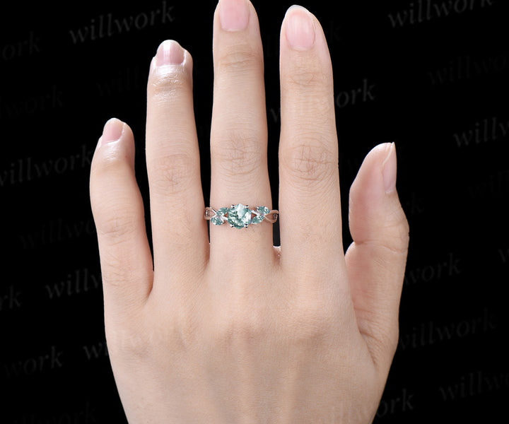 Hexagon cut moss agate engagement ring twisted infinity moss agate five stone ring alternative bridal ring