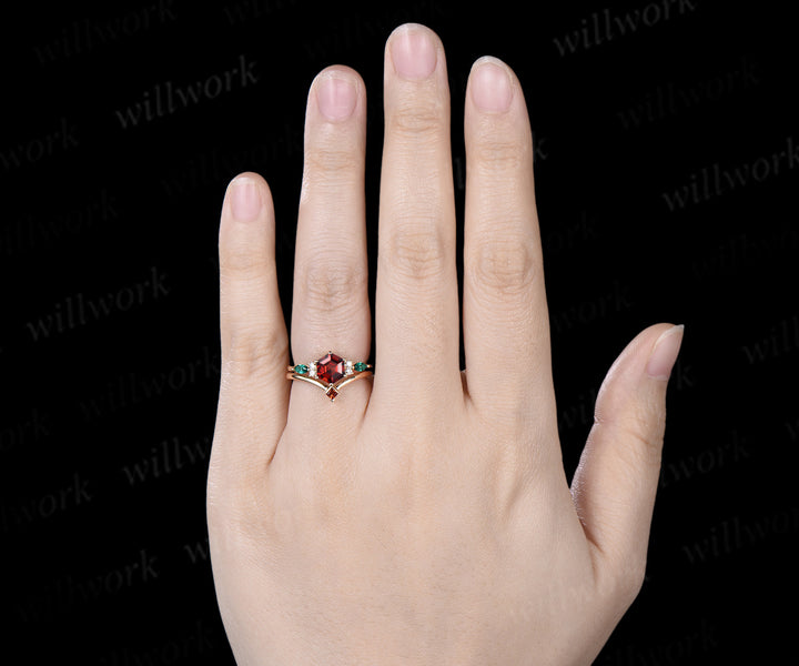 Hexagon cut ruby engagement ring set emerald moissanite seven stones ring minimalist princess cut ruby band bridal set