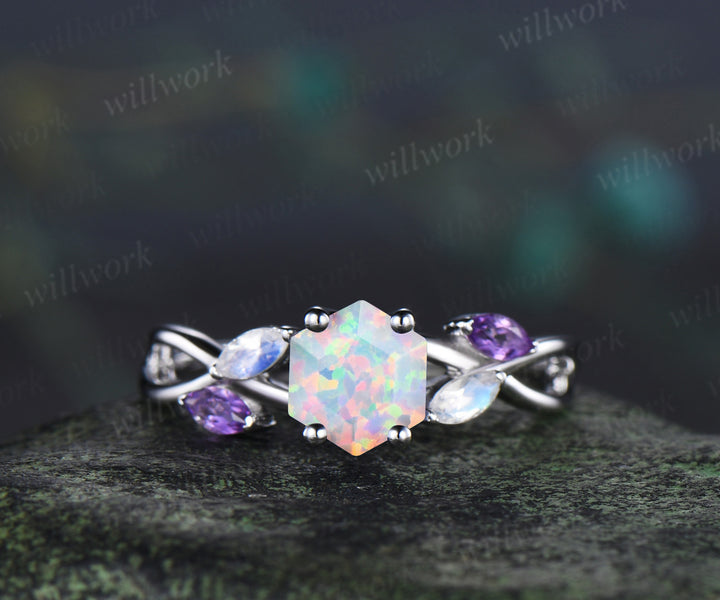 Hexagon cut white fire opal engagement ring marquise moonstone amethyst five stones twisted infinity promise ring