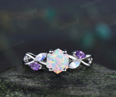 Hexagon cut white fire opal engagement ring marquise moonstone amethyst five stones twisted infinity promise ring