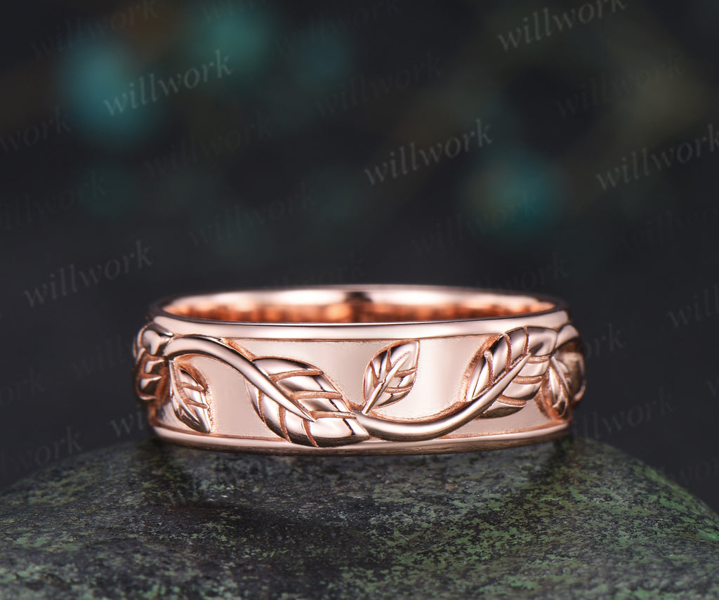 Leaf Twig Engraved Men Wedding Band 6mm Nature Inspired Promise