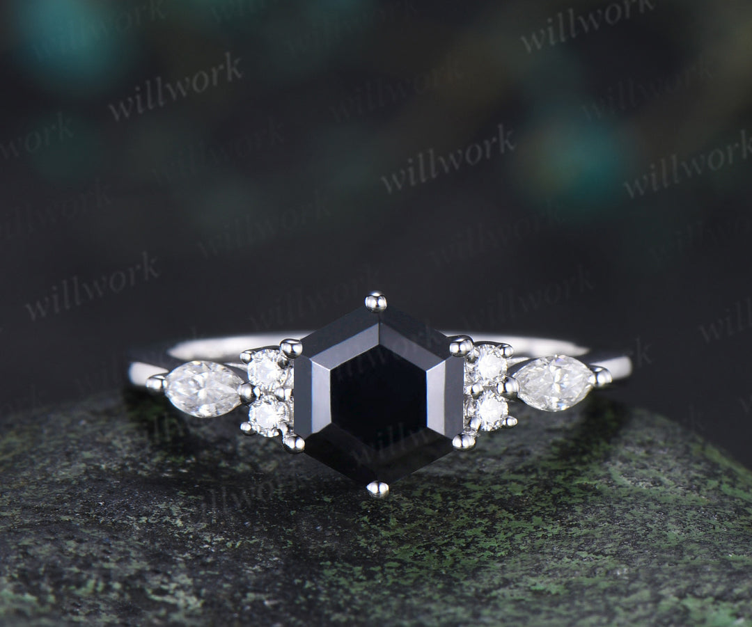 Vintage hexagon cut black onyx engagement ring set moissanite accents ring black spinels celtic knot band bridal set
