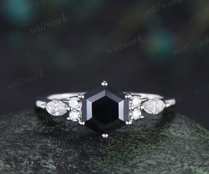Vintage hexagon cut black onyx engagement ring set moissanite accents ring black spinels celtic knot band bridal set