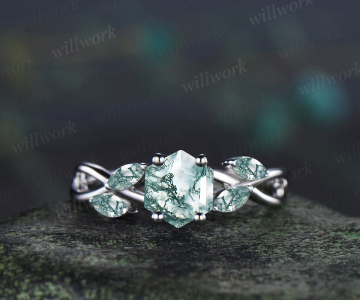Hexagon cut moss agate engagement ring twisted infinity moss agate five stone ring alternative bridal ring