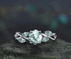 Hexagon cut moss agate engagement ring twisted infinity moss agate five stone ring alternative bridal ring